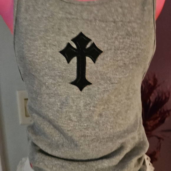 Grey Tank Top Goth Cross Chrome Hearts Looking Top - Picture 11 of 16